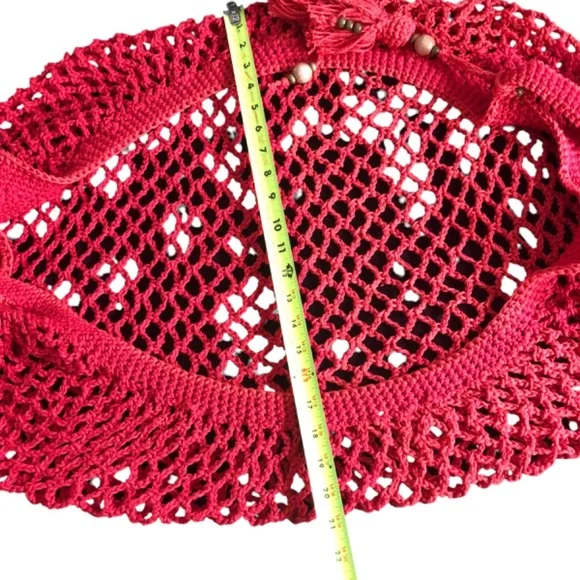 French Inspired Crochet Fishnet Market Bag Red Rouge Tote Shoulder Bag w/Tassel - Picture 16 of 16